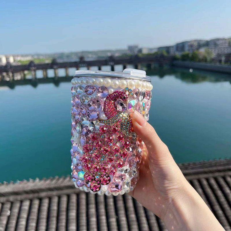 Internet Celebrity Diamond-Encrusted Straw Water Cup 2026 New Model 304 Stainless Steel Large Capacity Thermos Cup Gift for Friends and Lovers Pink 304 stainless steel