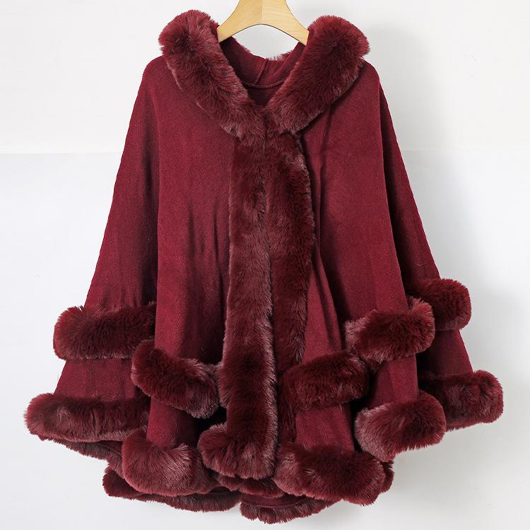 Poncho a mantella da donna con cappuccio e bordi in finta pelliccia, scialle invernale caldo con apertura frontale, mantella oversize