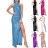 Moda Donna Festa Tinta Unita Collo Appeso Girocollo Senza Maniche Paillettes Spacco Gonna Lunga Abito con Fiocco Abito da Sera