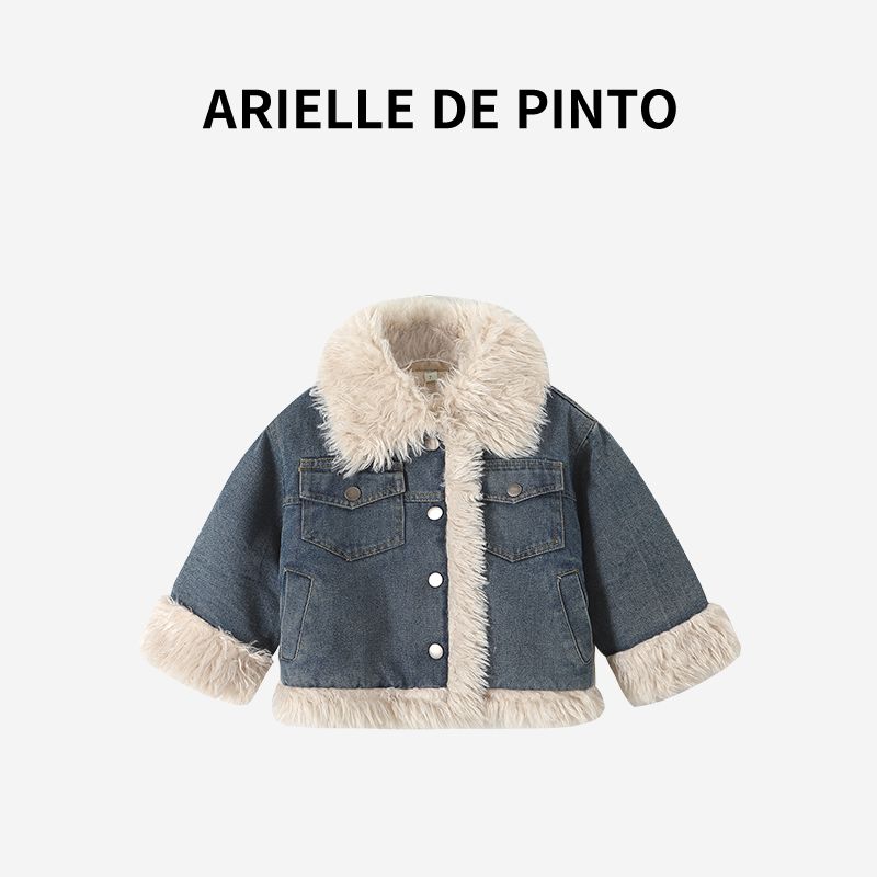 French Arielle De Pinto Girls  Jacket Autumn and Winter Fashionable Children s Fleece-Lined Thickened Denim Top Denim Shirt 140