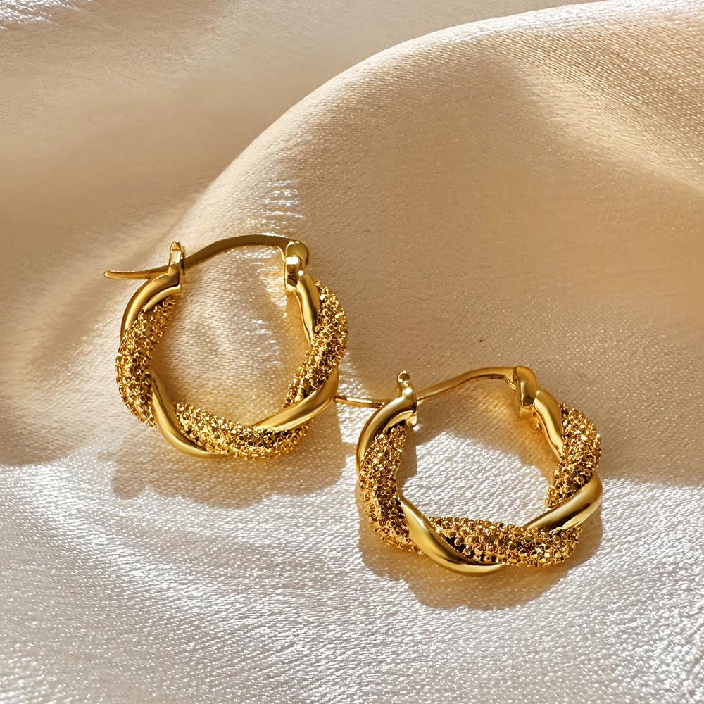 Trendy Geometric Round Circle Twist Hoop Earrings for Women Unique Design Stainless Steel Twisted Ear Buckle Hoops Retro Zircon золотой