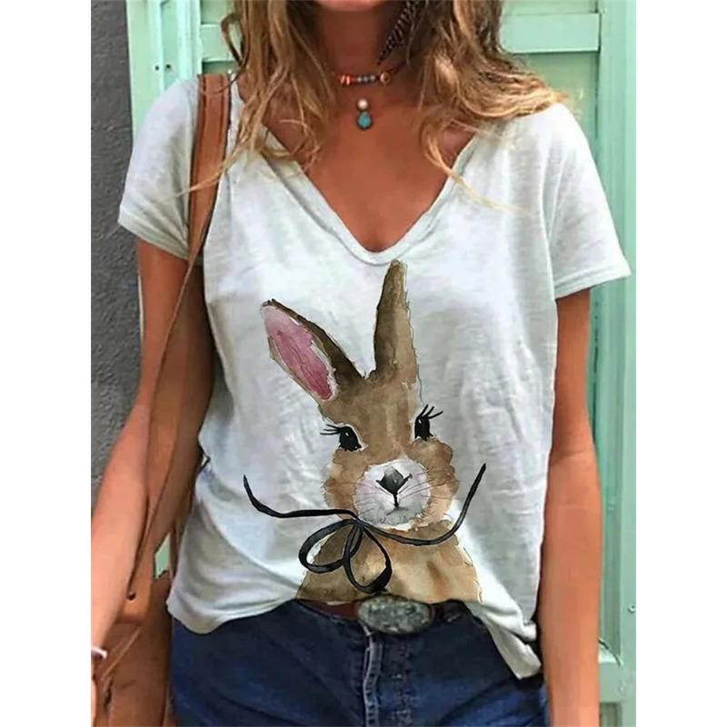 Summer New Casual Daily Versatile Pattern Rabbit 3D Printed Short Sleeved V-neck T-shirt