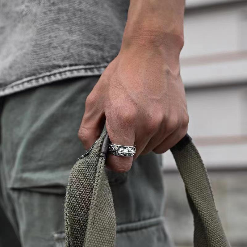 Retro Thai Silver Pixiu Men's Mantra Ring - Hip-Hop Fashion Open Ring