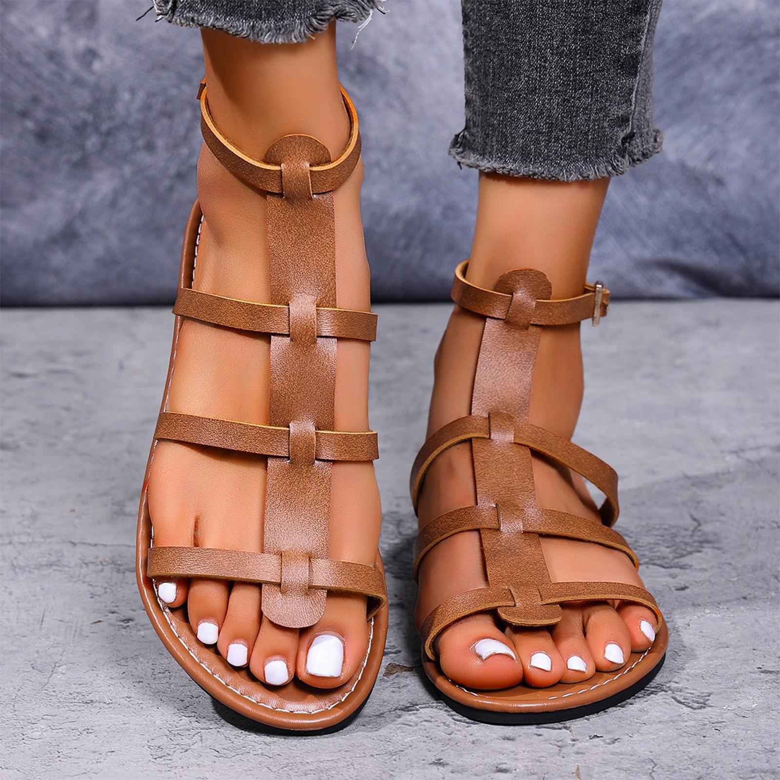 Summer women s flat bottomed woven hollow color blocked buckle sandals 38 коричневый