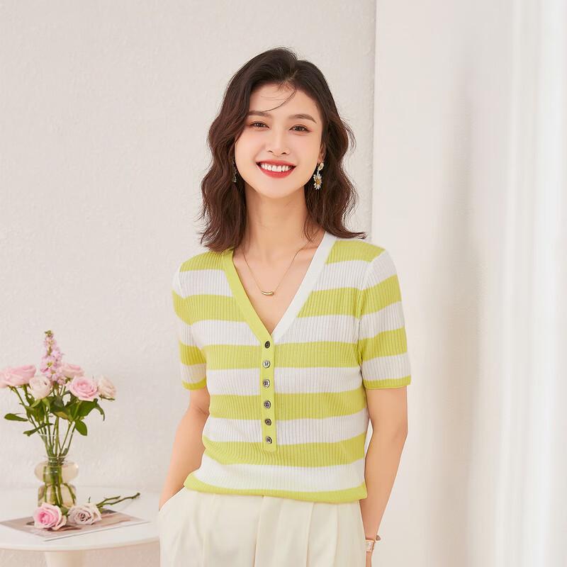 Jinju Women s Striped V-Neck Mulberry Silk Blend Knitted Short-Sleeve Top L