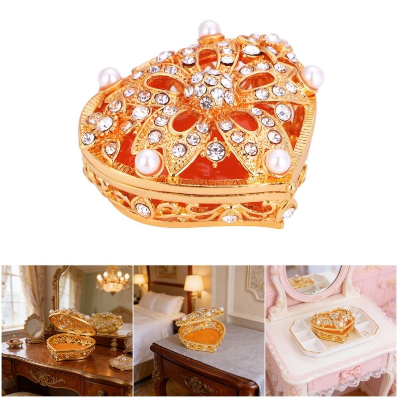 Romance Heart Shaped Metal Jewelry Storage Box Decorated With Diamonds And Pearls