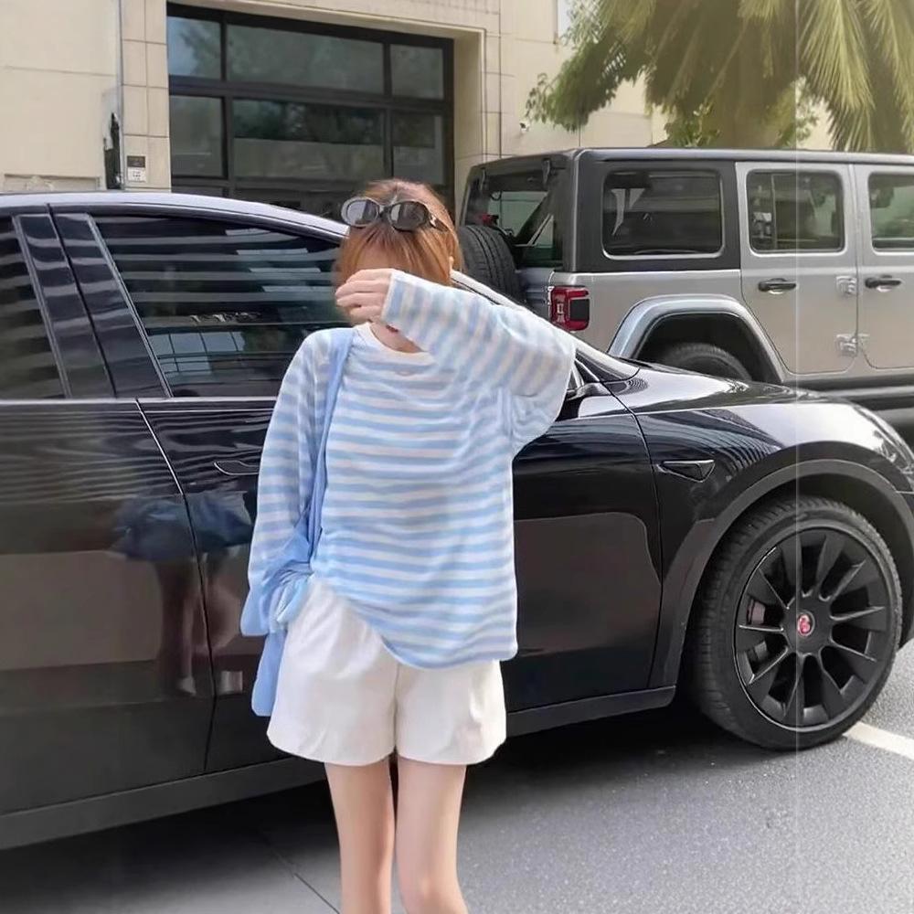 Women's Long Sleeve Color Block Striped Cardigan: Casual, Loose, Thin Sun Protection Summer 2025 Top