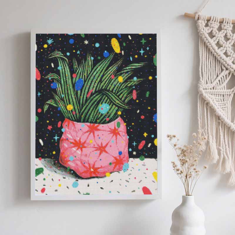 DIY 5D Diamond Art Kit Cosmic Potted Plant Pattern Rhinestone Canvas Painting for Modern Bedroom Living Room Wall Decor Full Drill Set
