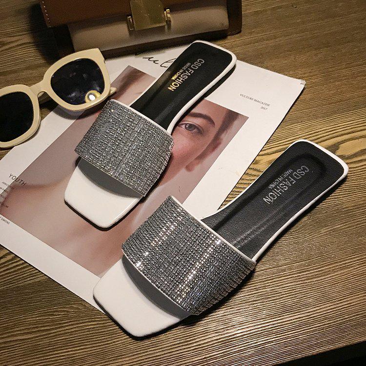 Women's Summer 2019 Rhinestone Flat Sandals - Trendy Korean-Style One-Line Slippers