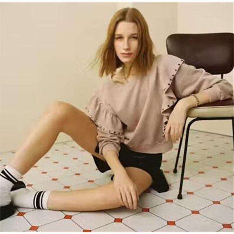 

Fashion Export Original Order Leftover Stock Cotton Terry Spring Ruffles Decorative Rivets Female Pullover Sweater Long Sleeve Pink L