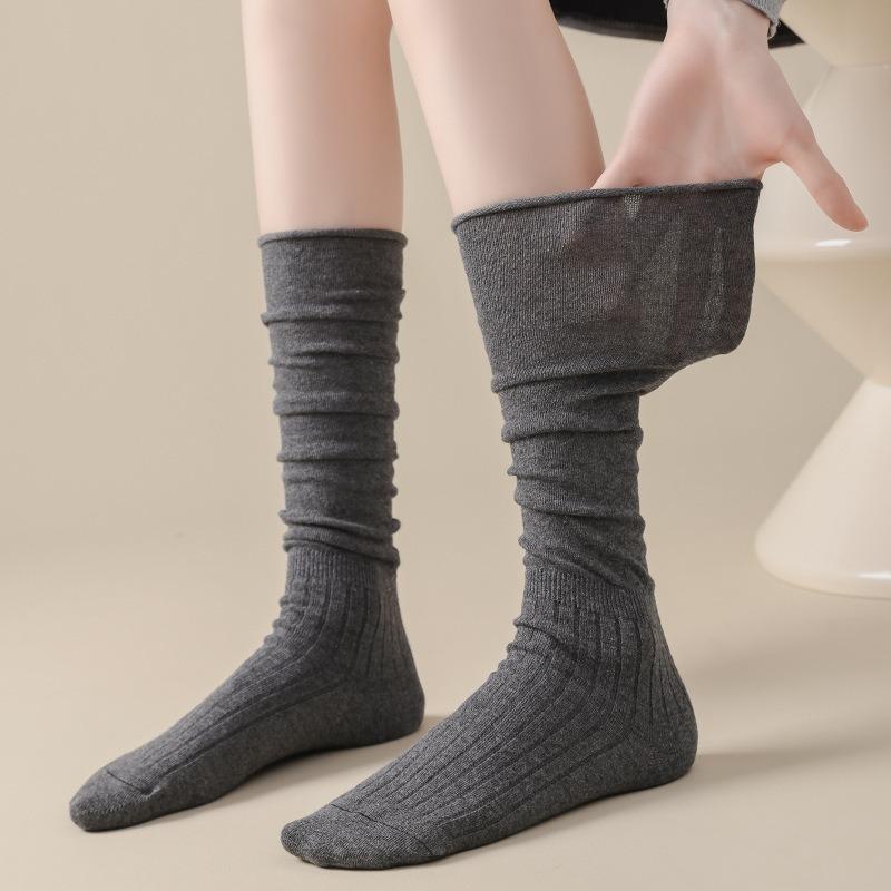 Female Spring and Autumn Pure Color Pure To Sweet Splicing Pleat Fold Wear Long Leg Socks