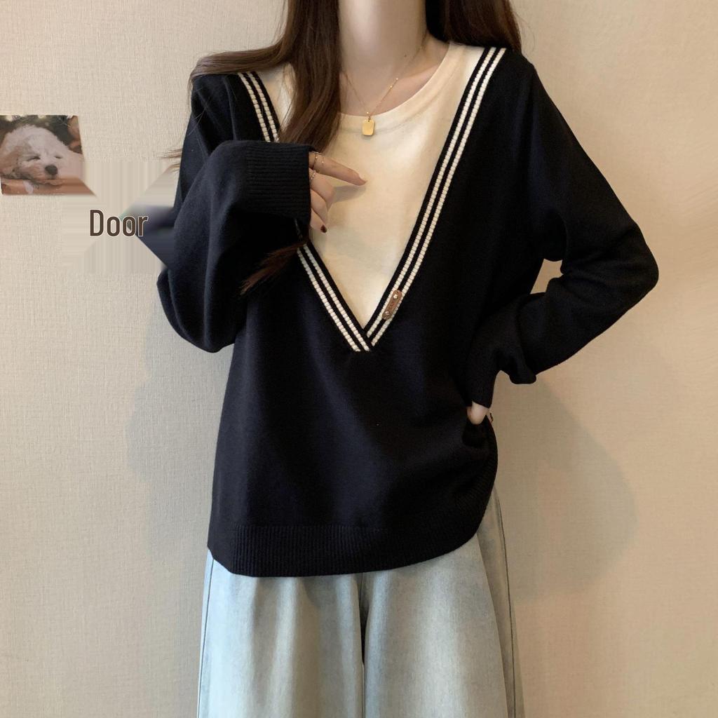 Women's Plus Size Slimming Striped Faux Two-Piece Sweatshirt with Straight Shoulders for Autumn/Winter