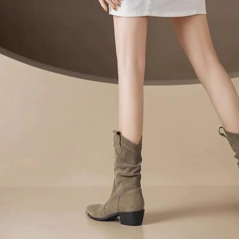 Fashion Western Style Women's Boots Metal Head Retro Chunky Heel Mid-Calf Short Boot Sharp Pointed Toe Folded Design New Hot Sale Of The
