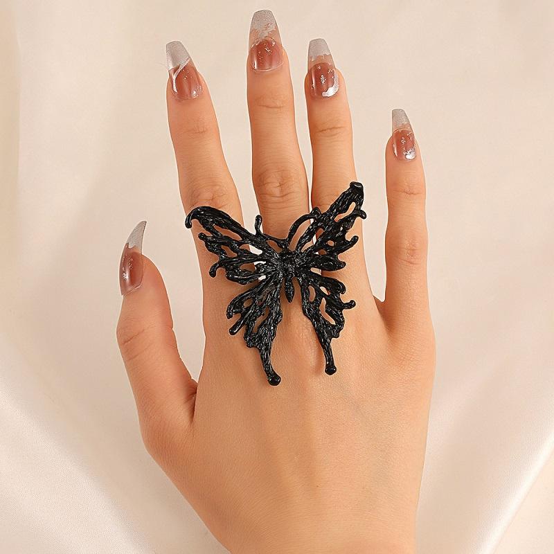 Vintage Punk Metall Svart Rose Flytende Sommerfugl Åpningsring for Kvinner Overdreven Justerbar Dyre-ring Estetiske Smykker