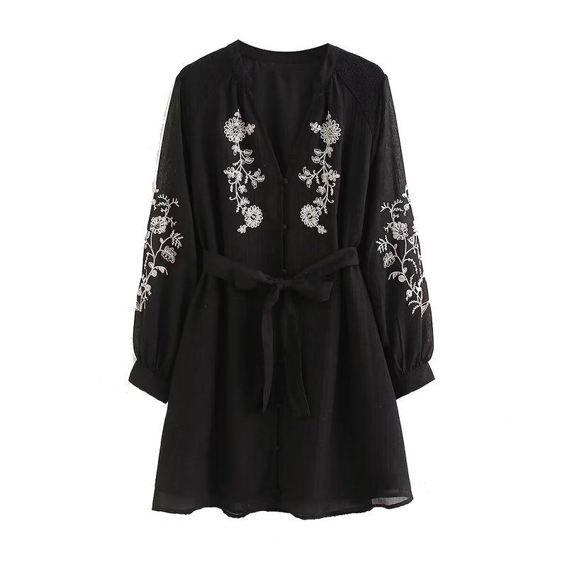 

Kaslead New Arrival Women s Clothing Fashion Style Fashion Minimalist Embroider Mini Long Sleeves Short Dress Black L