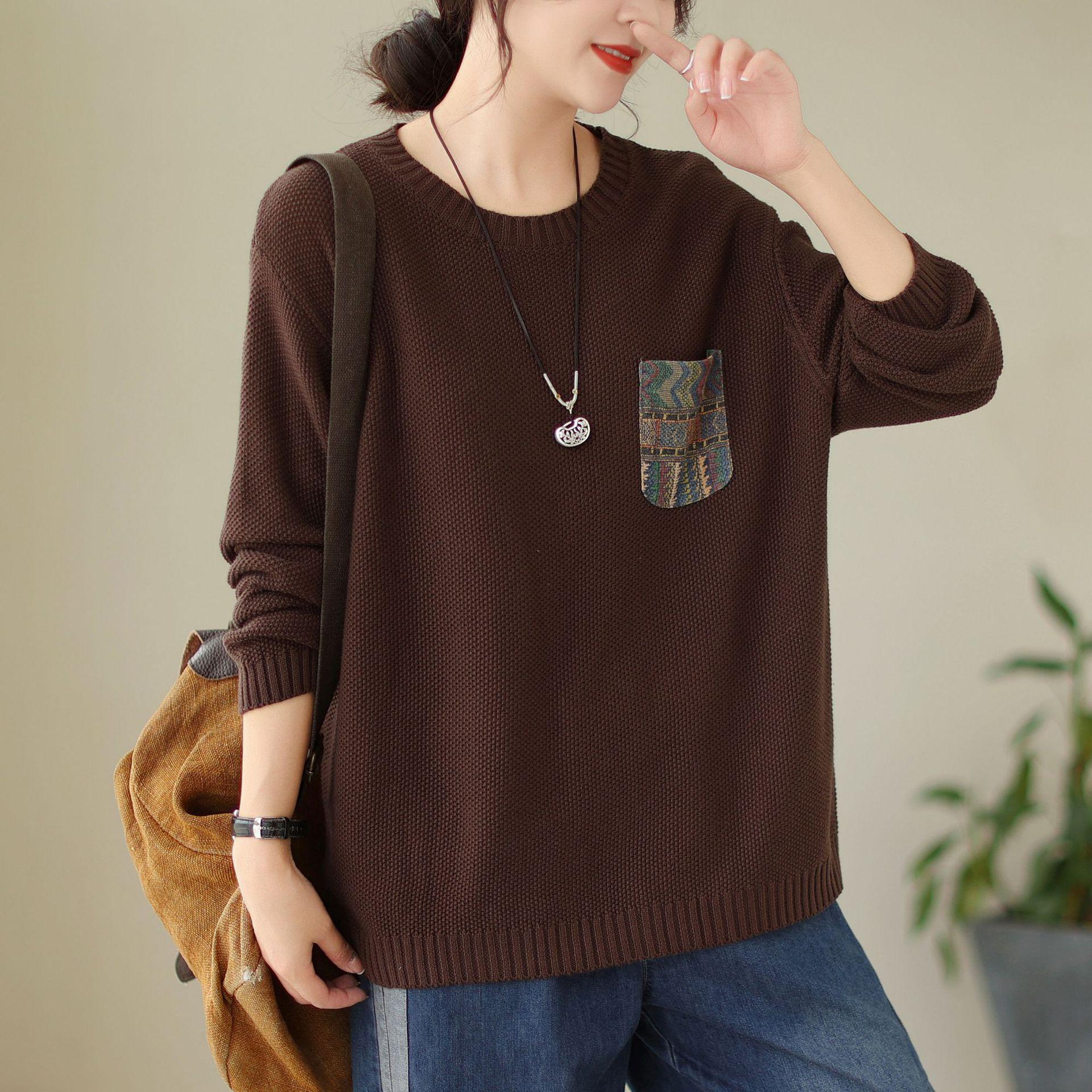 

Johnature женские винтажные пуловеры-свитера однотонные с длинными рукавами и круглым вырезом вязаные хлопковые осенние женские повседневные свитера One Size темный кофе