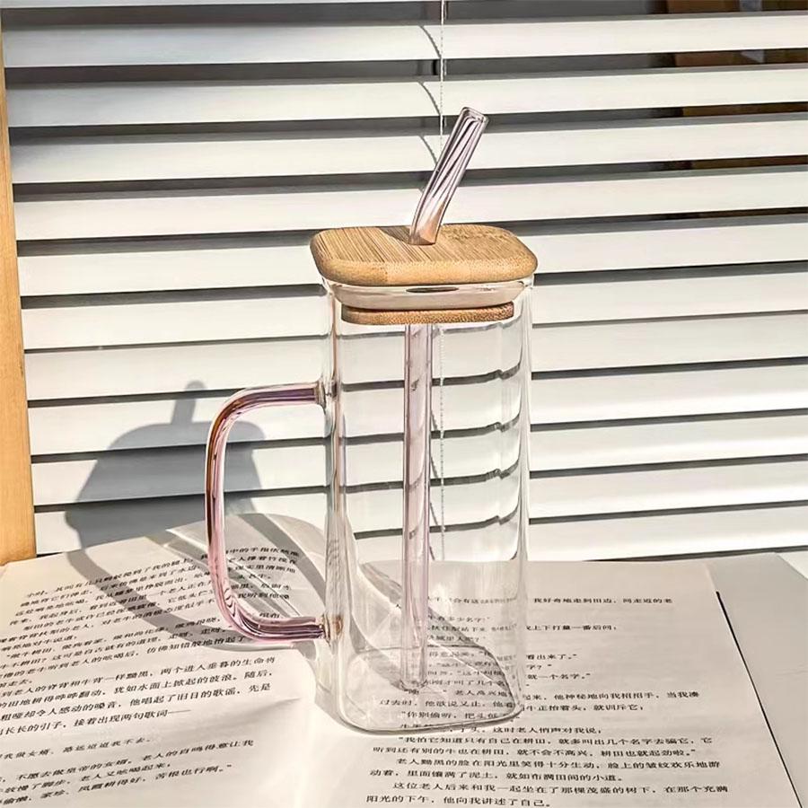 Square Heat Resistant Coffee Glass Cup With Lid and Straw Transparent Milk Tea Juice Cup Coffee Mug For Home Bar Drinkware