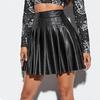 Women Pleated Skirt Faux Leather High Waist A-line Loose Hem Solid Color Clubwear Party Dance Skirt Above Knee Length Mini Skirt