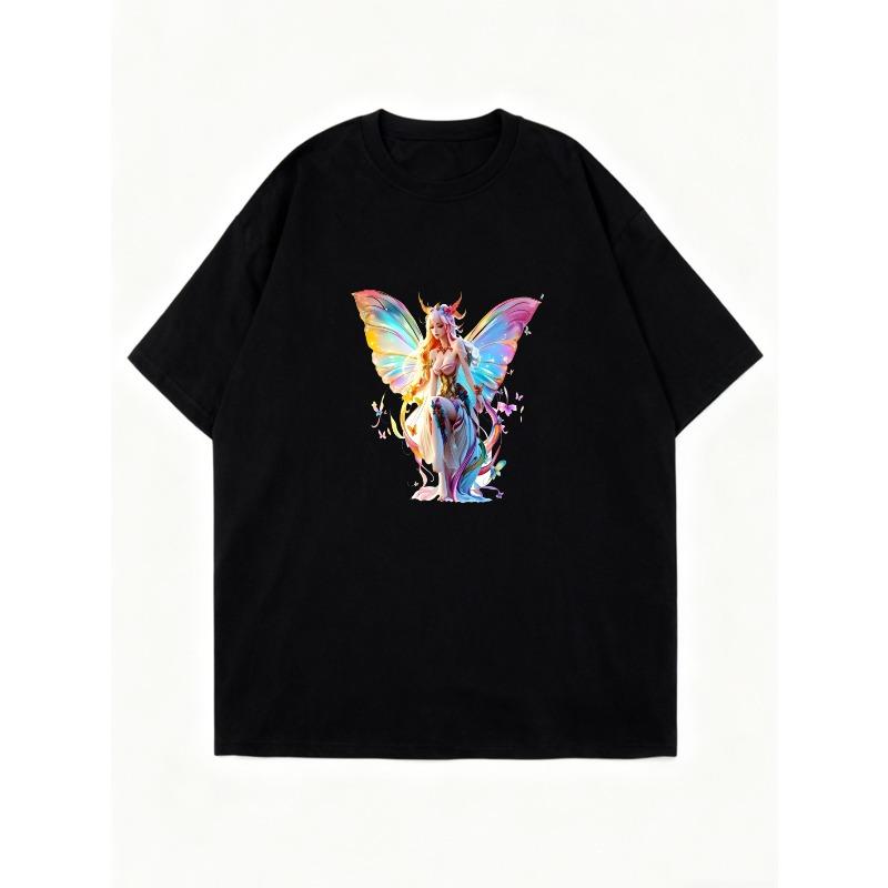 T-shirt Oversize Fée Noire Avec Ailes Arc-en-ciel Et Imprimé Fleurs Streetwear Décontracté Pour Femmes