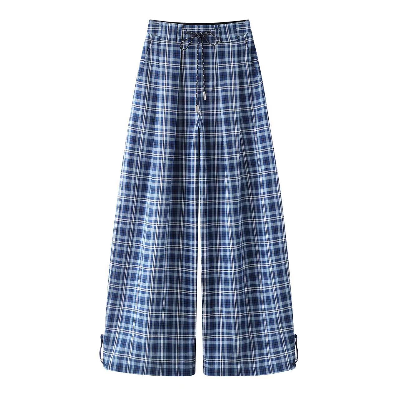 Retro Plaid Wide-Leg Pants with Drawstring Cuffs - Spring 2026 Collection Small синий