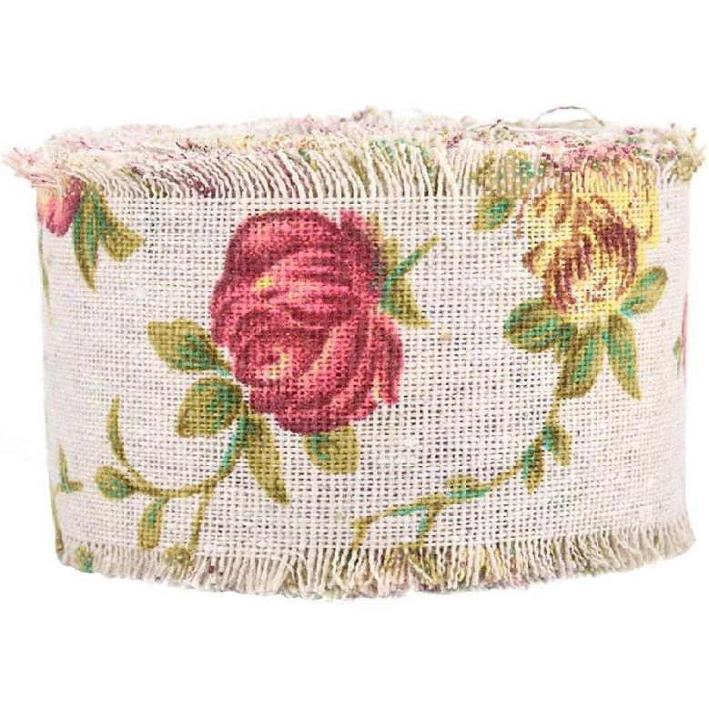 Burlap Ribbon, 32.8ft Long x 2.0in Wide Rose Flower Printed Burlap Ribbon Hessian Jute Belt Strap Wedding Cloth Decoration
