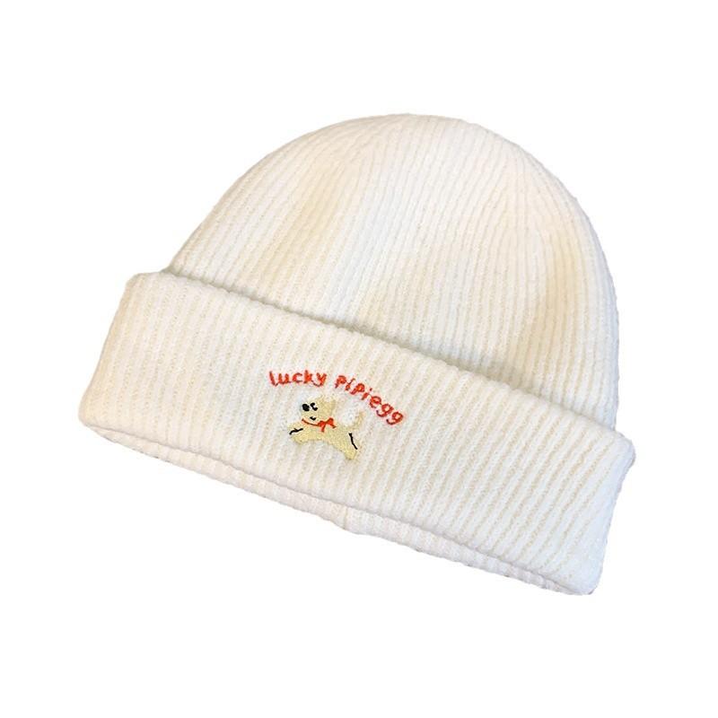Cute Puppy Embroidered Knitted Wool Hat Children Autumn and Winter Versatile Big Head Circumference Showing Small Face Warm Bag Head Cold Hat
