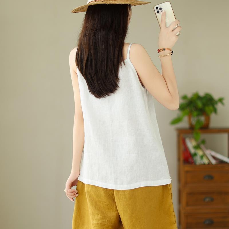 QICED Summer Light and Soft Fine Linen Small Sling Pure Linen V-neck with Artistic Sling Vest