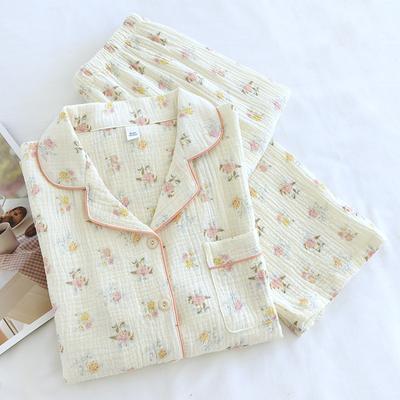 Nouvel Ensemble de Pyjama pour Femmes 100% Coton Crêpe Manches Longues Pantalon Ensemble Deux Pièces avec Revers Simple