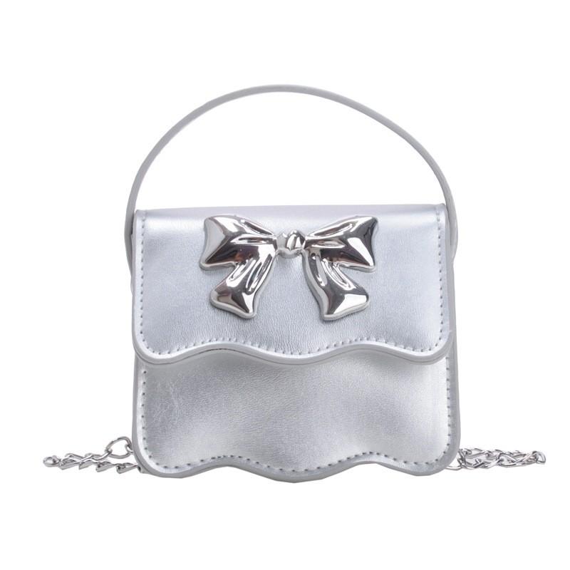 Cute Color Solid Silver Bow Decoration Kid Mini Shoulder Chain Bag Daily For