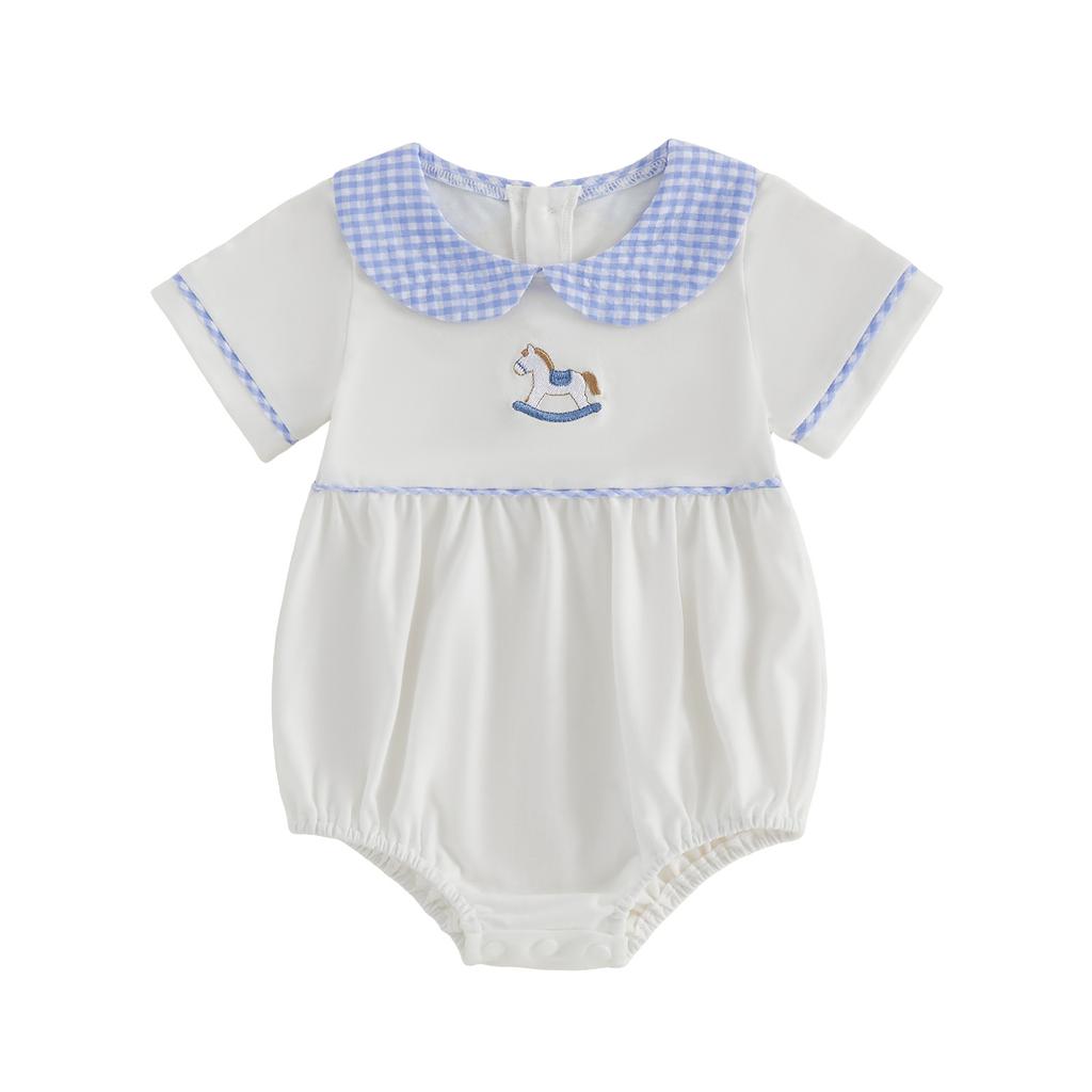 Infant Short Sleeve Jumpsuit with Floral Embroidery and Ruffle Collar for Baby Girls and Boys Summer Romper Outfit