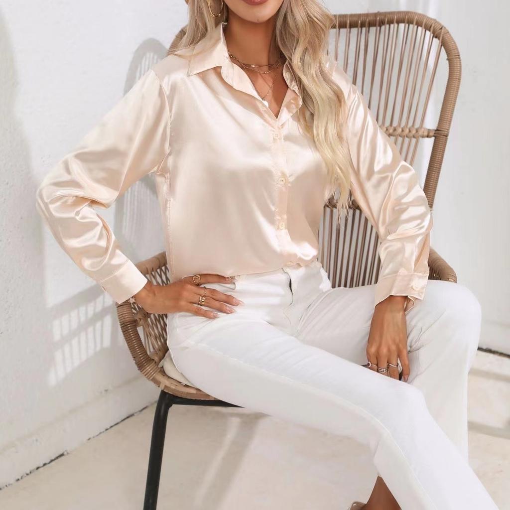 GMXIA Shirt Women's High-end Simple V-neck Cardigan Shirt Women's Loose Long-sleeved Button-up Top