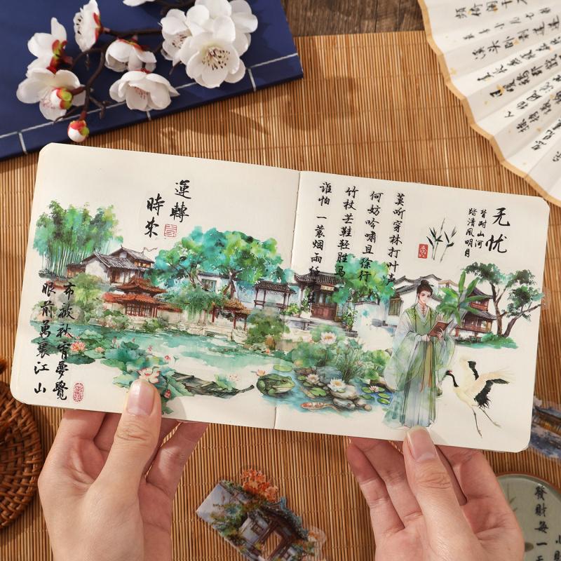 10 Sheets Chinese Ancient Style Landscape Long Strip Stickers Ink Wash Mountain & River Patterns for Scrapbook DIY Decoration