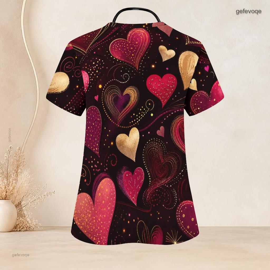 Women Plus Size V Neck Short Sleeve Scrub Top Spiral Tie Dye Patriotic Red White Blue Print Nurse Uniform Top