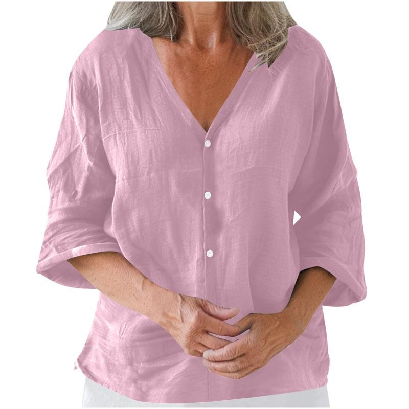 QICED Women's Fashion Casual Solid Color Print 3/4 Sleeves V Neck Blouses & Shirts