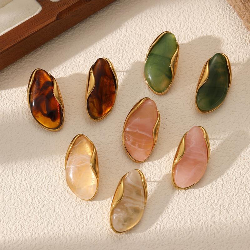 Stylish Multi Color Resin Ear Studs Stainless Steel Geometric Shaped Earrings Elegant Gold Tone Women Fashion Jewelry