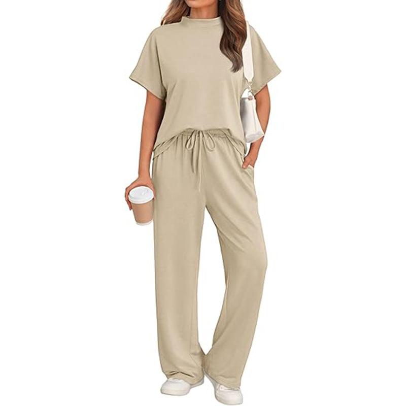 Beige Short Sleeve Top and Drawstring Waist Wide Leg Pants Set S
