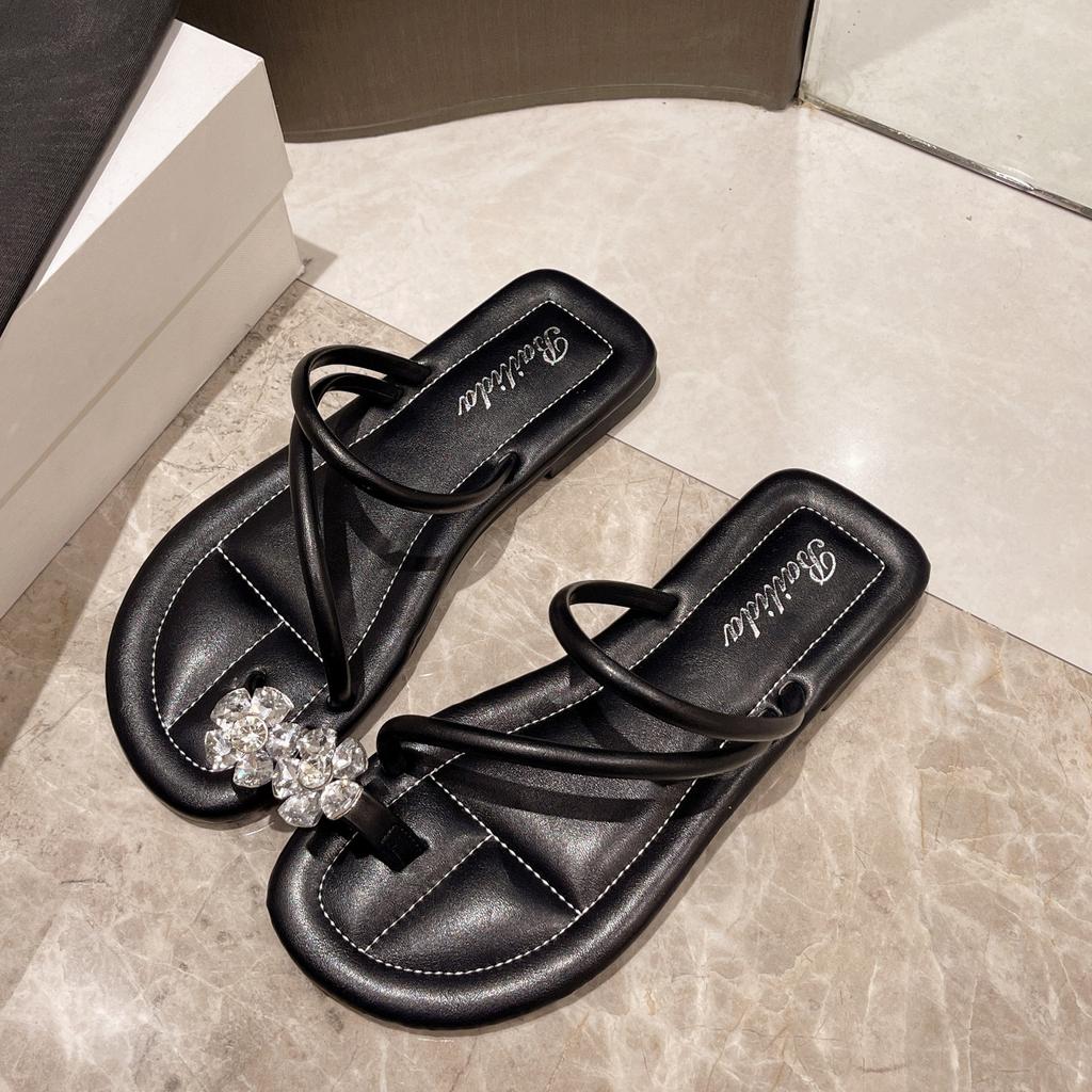 French Rhinestone Slippers for Women Summer Outdoor Wear Fashion with Fairy Matching Skirt Soft Bottom Beach One Line Drag Shoes