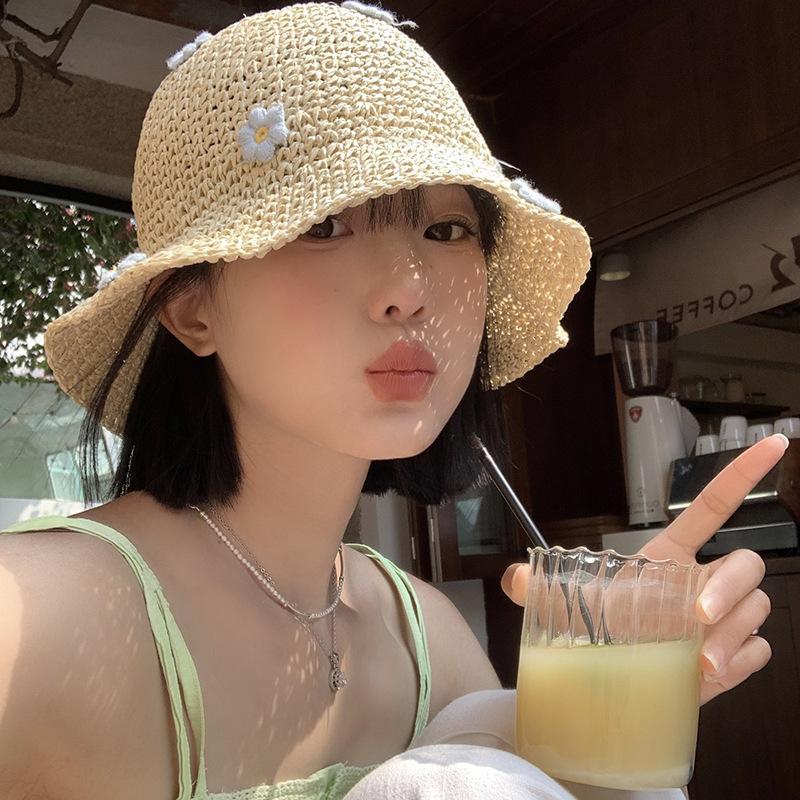 Hat Women'S Lace Edge Straw Hat Summer New Style Travel Strap Japanese Strap Sweet Sunshade Hat Outdoor Fisherman'S Hat