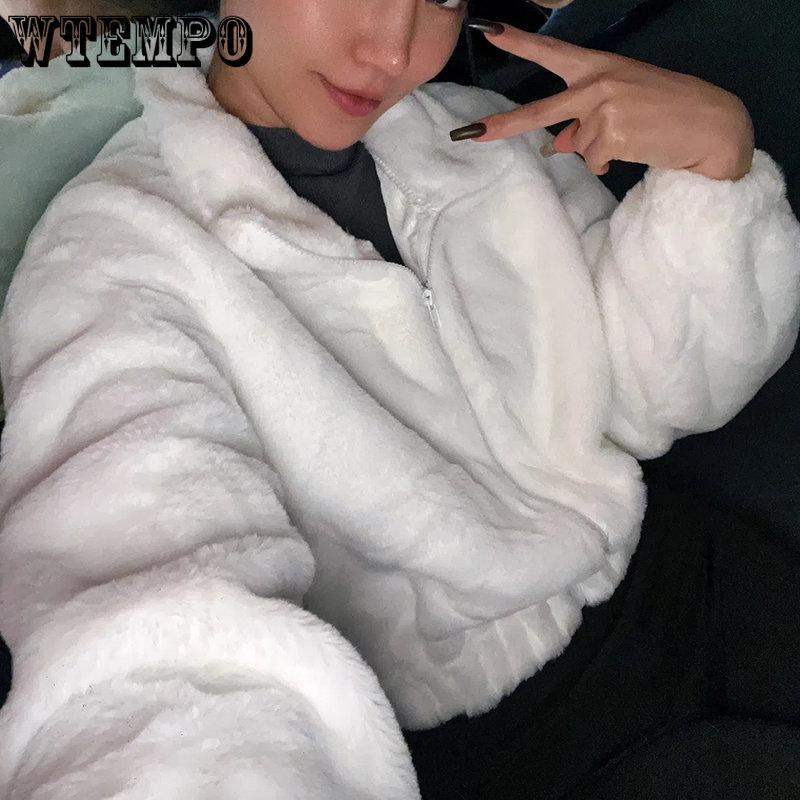 נשים קז'ואל רפוי חורף טופים קצרים צווארון גולף מלא שרוול ארוך רוכסן מעיל שחור לבן נשי מעילי פליז קצרים חמים