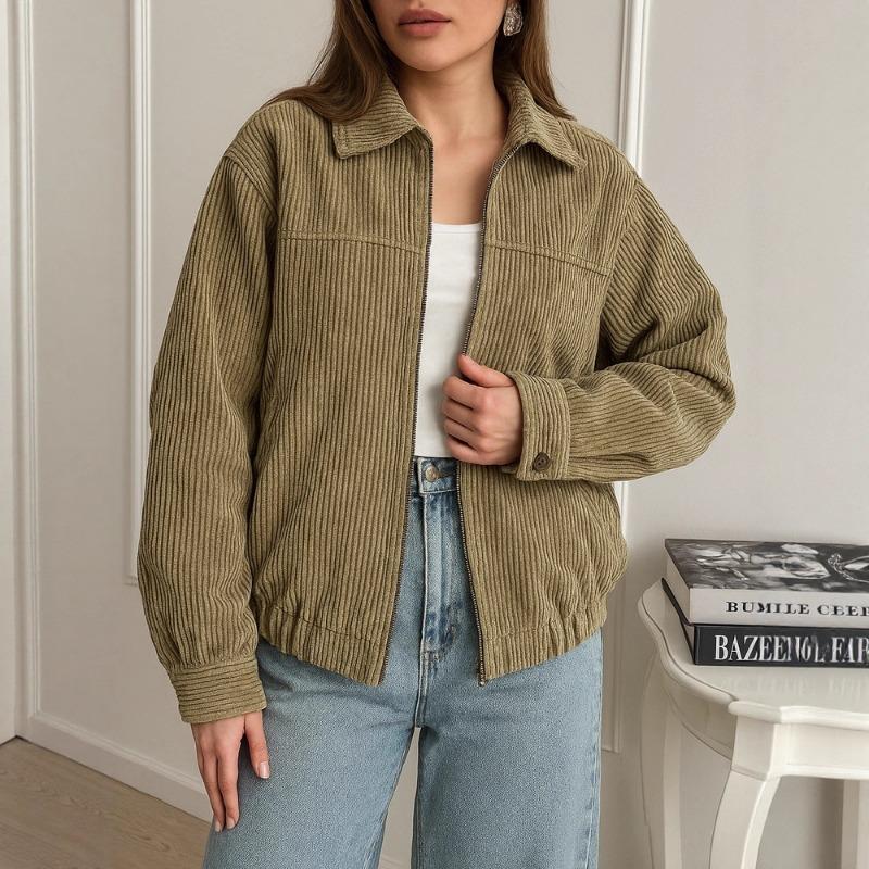 2025 Autumn and Winter New Women's Casual Lapel Long Sleeve Zipper Simple Solid Color Jacket