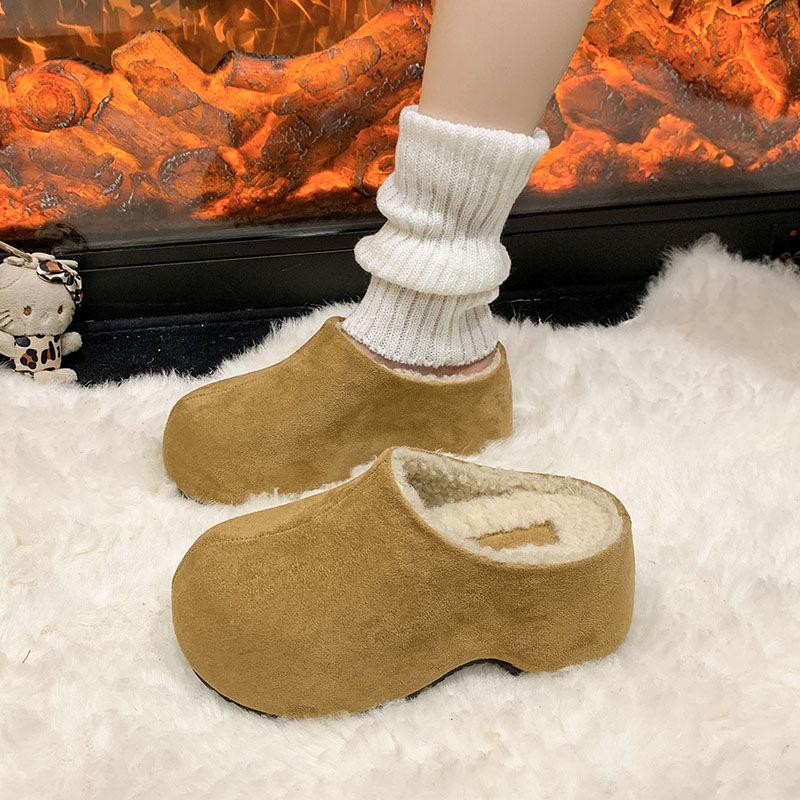 Women's Retro Lightweight and Comfortable Non-slip Heightening Winter Warm Plush Lining Non-slip Durable Casual Cotton One-step Half Slippers