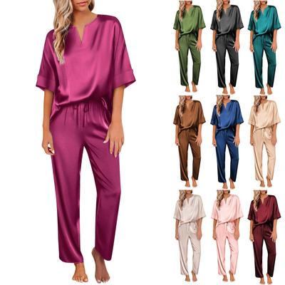 Womens Silk Short Sleeve V Neck Shirt With Long Pant Soft Loungewear Set