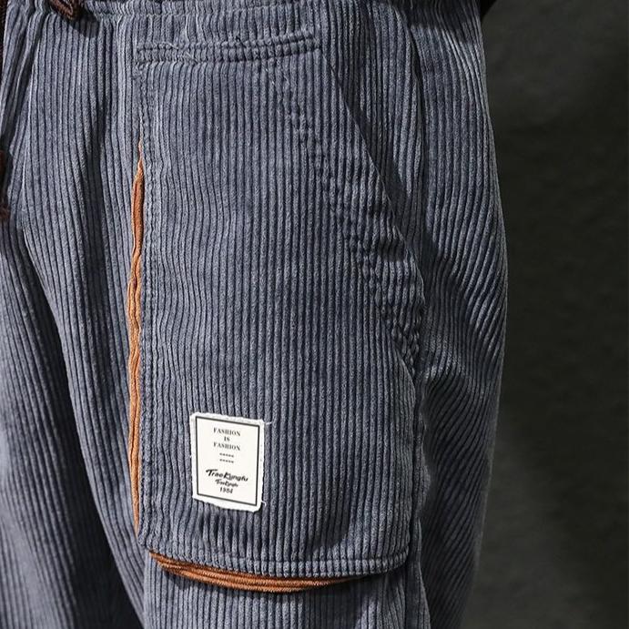 Winter Men Thick Warm Corduroy Sweatpants Men Cargo  Pants Color Matching Fleece Liner Elastic Waist Big Pocket Trousers Loose Sports Harem Pants