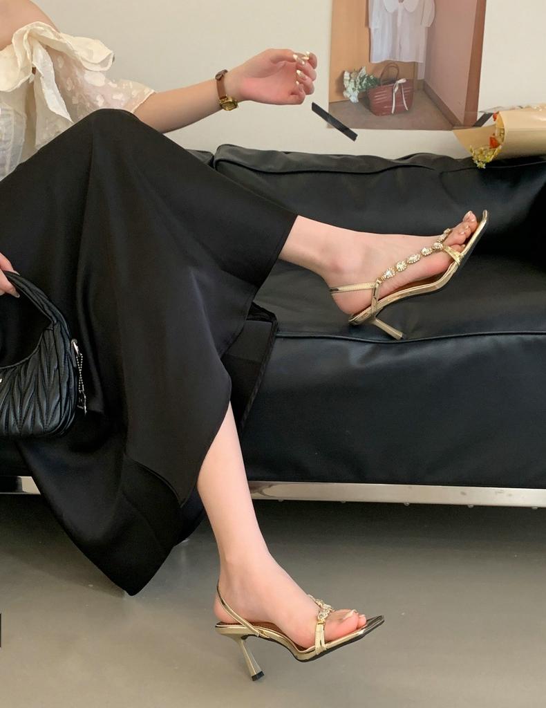 Beautiful sandals women's outer wear 2025 new summer thin heels square head open-toed rhinestones with sexy high heels