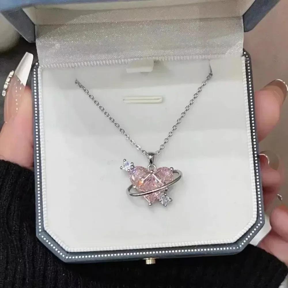 Pink Planet Heart Zircon Pendant Necklaces Women  Aesthetic Clavicle Chain Necklace Valentines Day Gift Y2K Jewelry