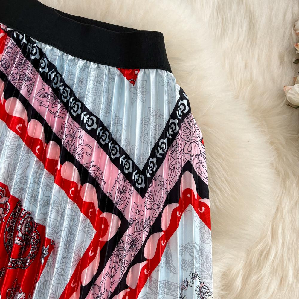 Jupe d'été taille haute slim mi-longue au-dessus du genou imprimée A-line plissée taille élastique jupe ample