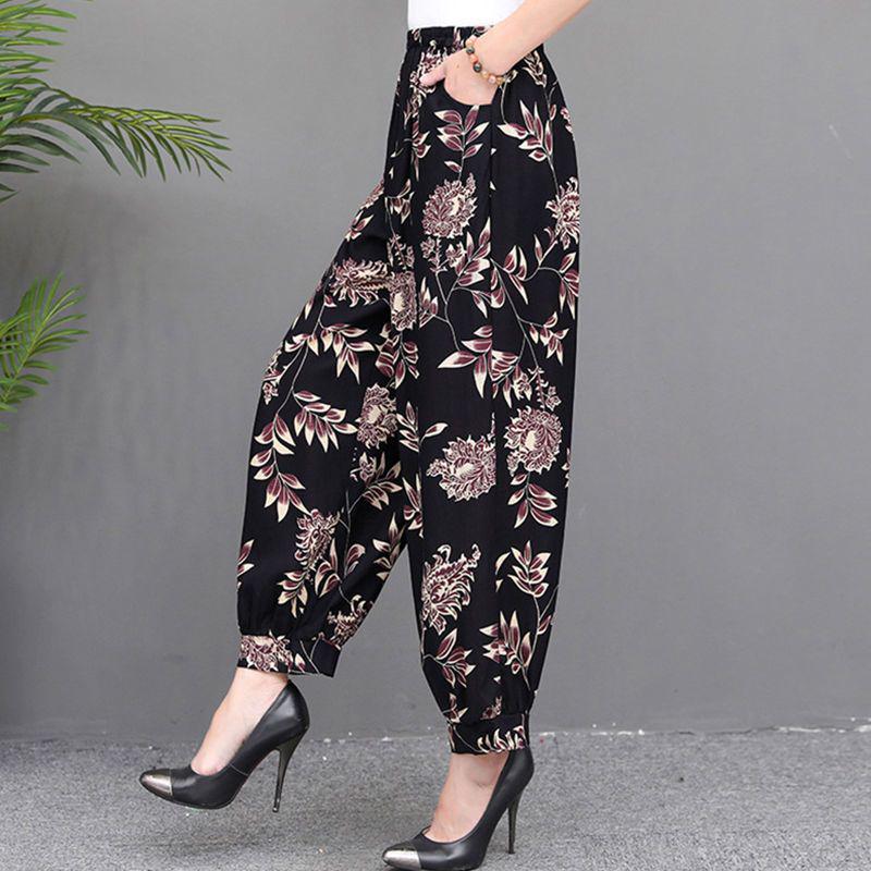 

Women s Floral Wide-Leg Elastic Waist Pants - Cotton Silk Lantern Style for Spring and Autumn XL (Recommended 40-50 kg)