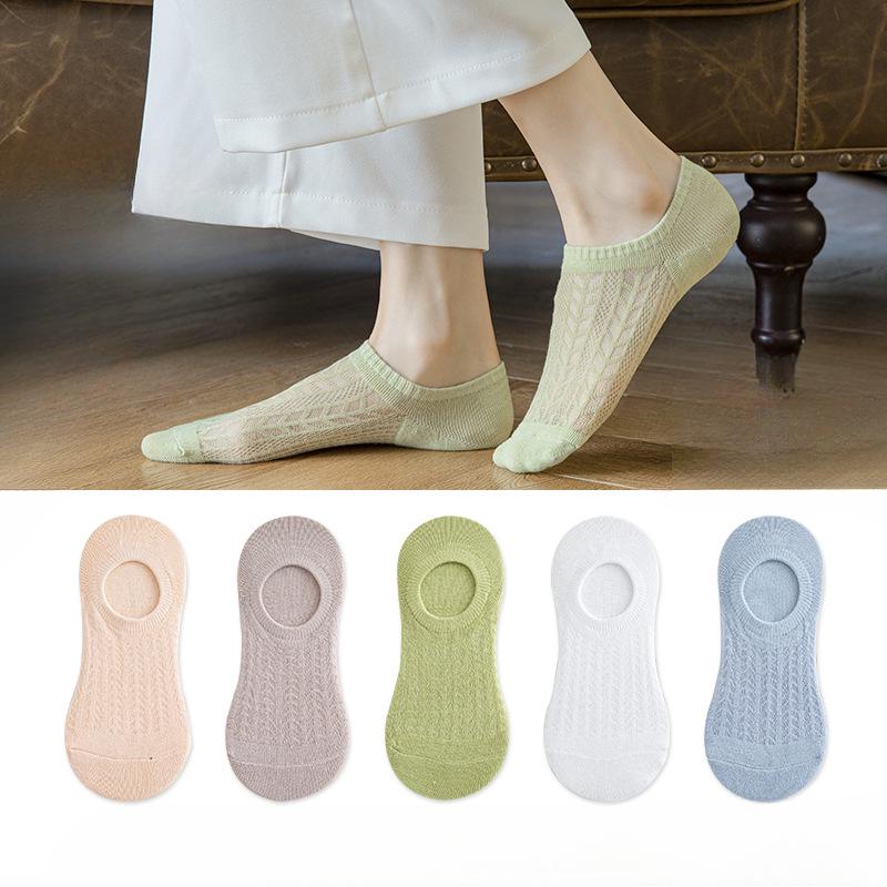 5 Pairs of  Women's Summer Thin Cotton Mesh Non Slip Non Slip Heel Shallow Mouth Invisible Boat Socks