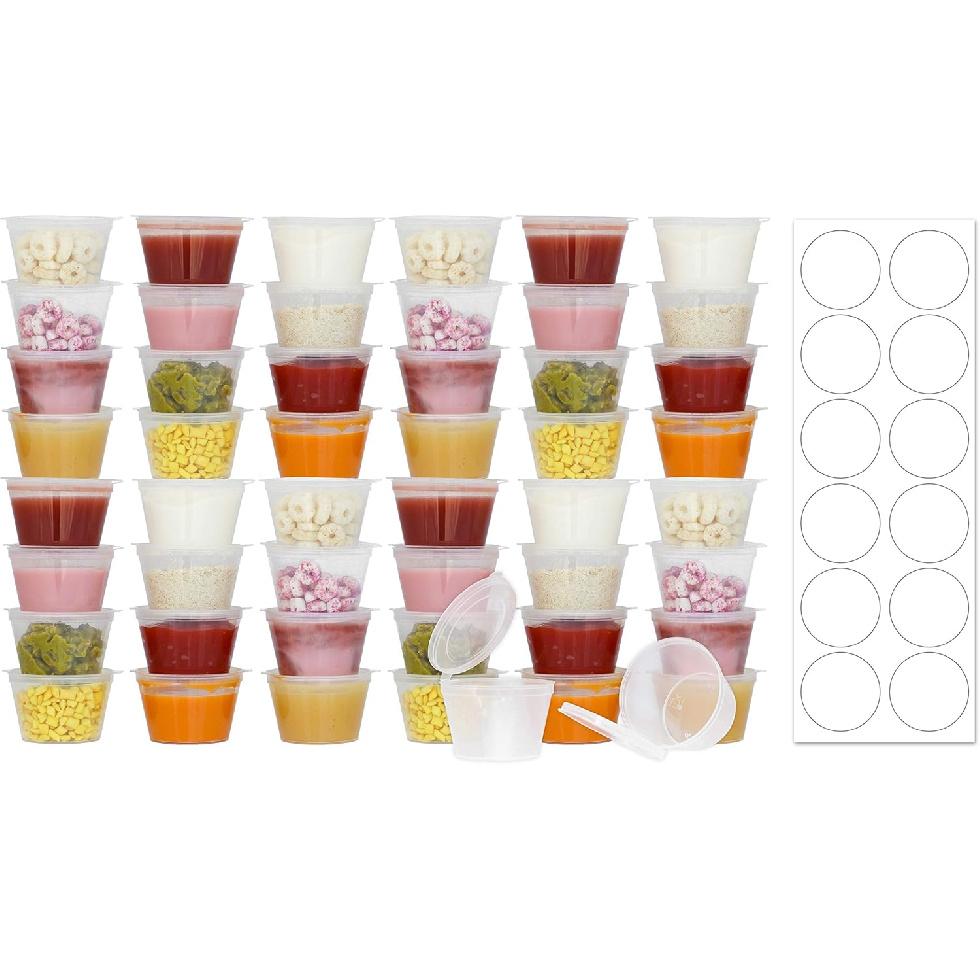 50 Pack BPA-Free Disposable Baby Food Freezer Storage Containers Hinged Lids (3 Oz) Labels | Leak-Proof | Travel Snack Cups | Store Homemade, Organic
