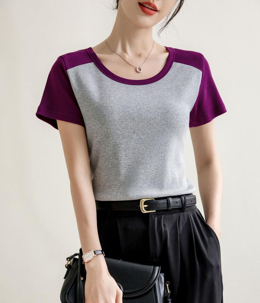 Cool Rundhalsad Smal Bomulls-T-shirt med Gängad Kontrastfärg för Kvinnor 2024 Vår och Sommar Ny Högelastisk Inre Smal Topp